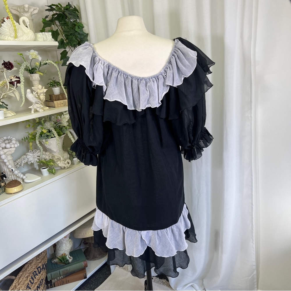 Vintage 80s Black and Silver Ruffle Cotton Gauze Mini Dress - Picture 6 of 16